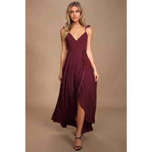 Lulus Maxi Dress XS Burgundy Chiffon Wrap High-Low Heres to Us A-Line Formal